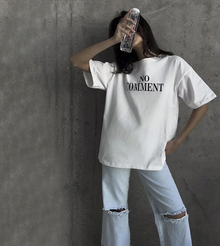 Women Printed Oversize White T-Shirt -- Madmext