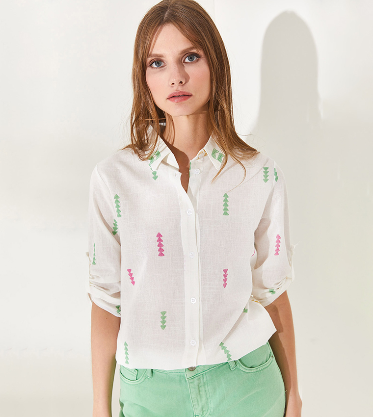 Buy Olalook Embroidered Linen Shirt In Off White 6thStreet UAE