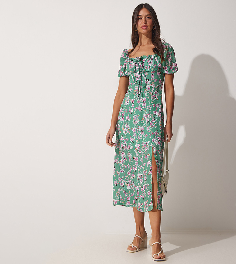 Buy Happiness stanbul Printed Square Neck Slit Midi Dress In Green 6thStreet Kuwait