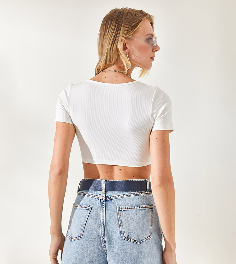 Buy Olalook Ribbed Corset Style Crop Top In White