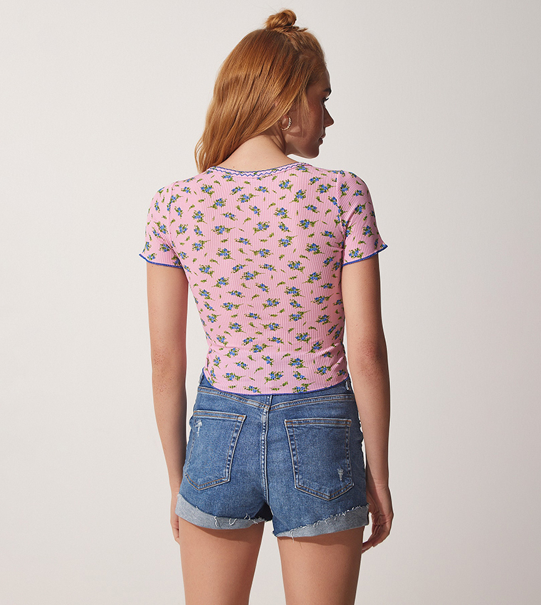 Floral Printed Short Sleeves Crop Top