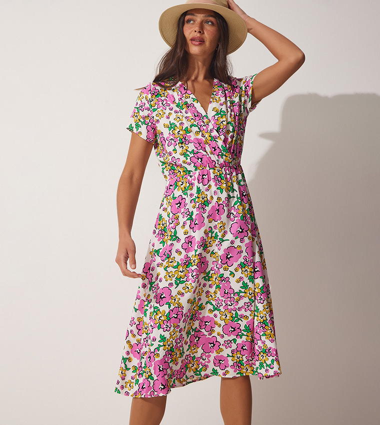 Pink floral sales midi dress