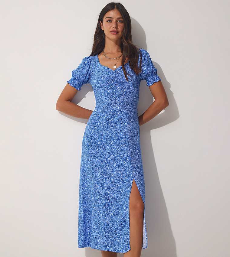 Puff Sleeve Slit Print Midi Dress