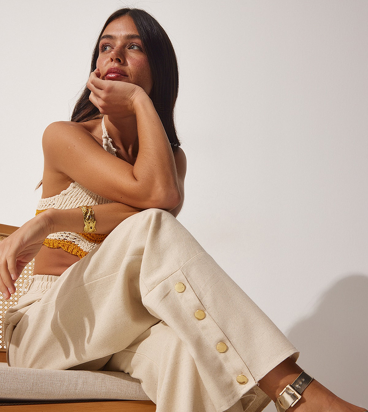 Button Detail Elastic Waist Linen Palazzo Pants