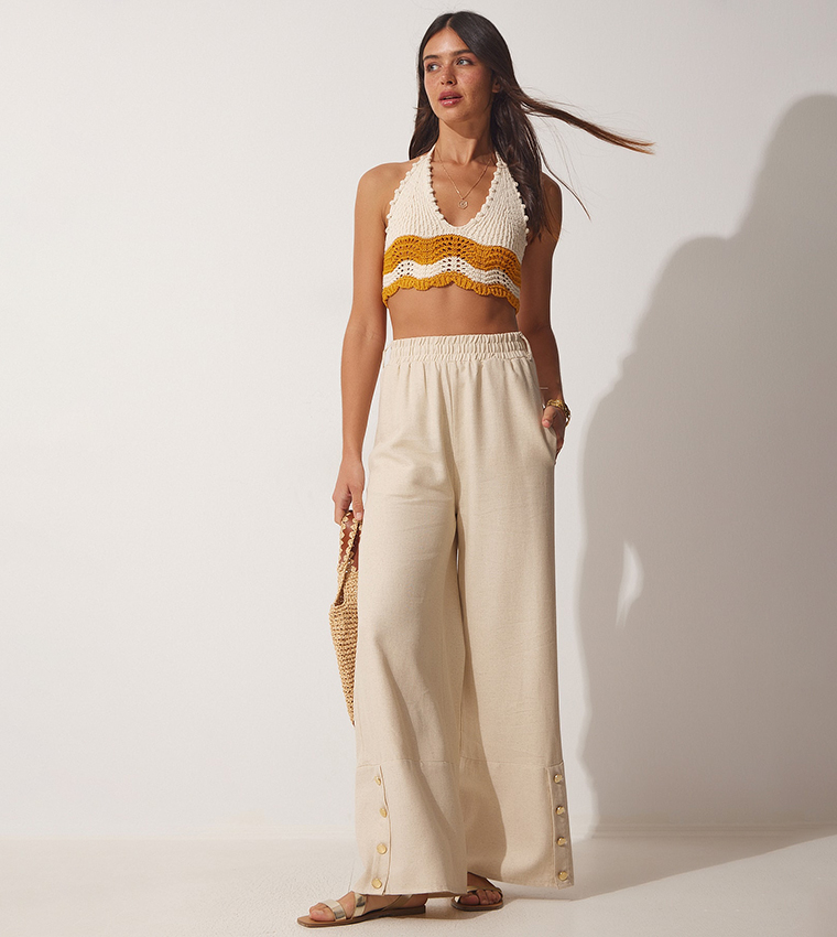 Button Detail Elastic Waist Linen Palazzo Pants