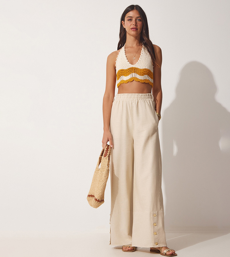 Button Detail Elastic Waist Linen Palazzo Pants