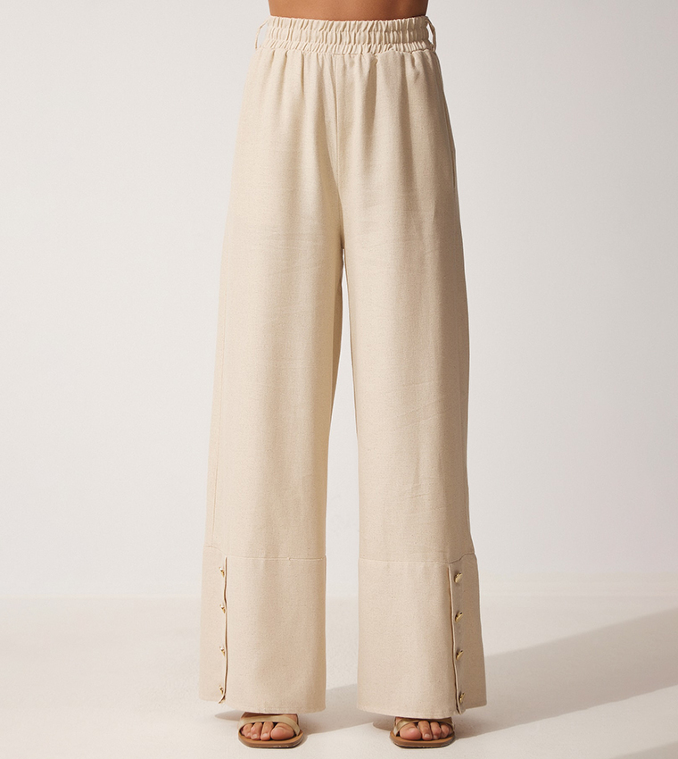 Button Detail Elastic Waist Linen Palazzo Pants
