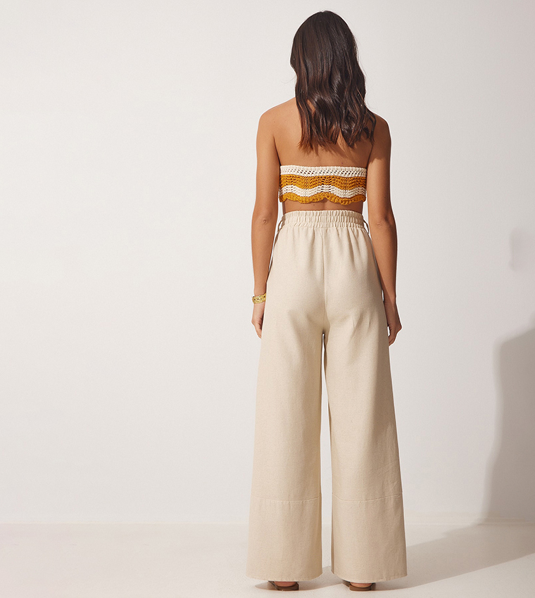 Button Detail Elastic Waist Linen Palazzo Pants