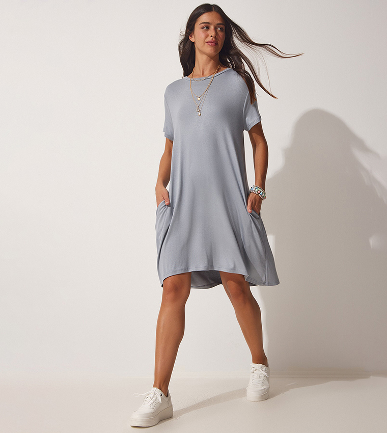 Buy Happiness stanbul Solid Short Sleeves A Line Dress In Grey 6thStreet Bahrain