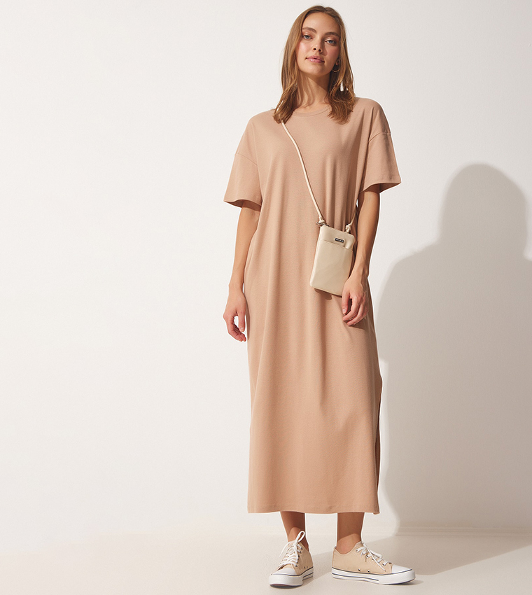 Buy Happiness stanbul Solid Short Sleeves Midaxi Dress In Beige |  6thstreet Kuwait