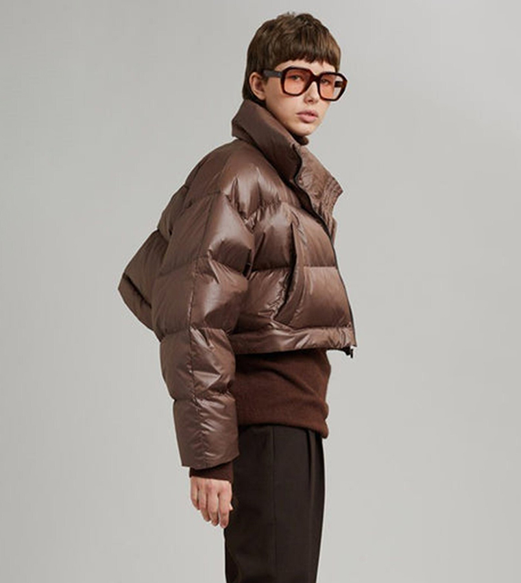 Buy Madmext Solid Long Sleeves Crop Puffer Jacket In Brown