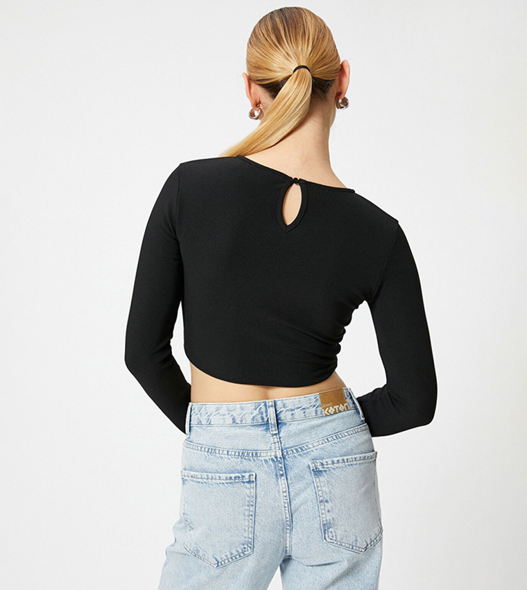 Black Rib Corset Detail Crop Top, Tops