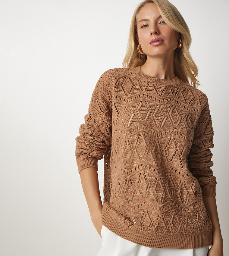 Buy Happiness İstanbul Openwork Crew Neck Sweater In Brown | 6thStreet  Bahrain