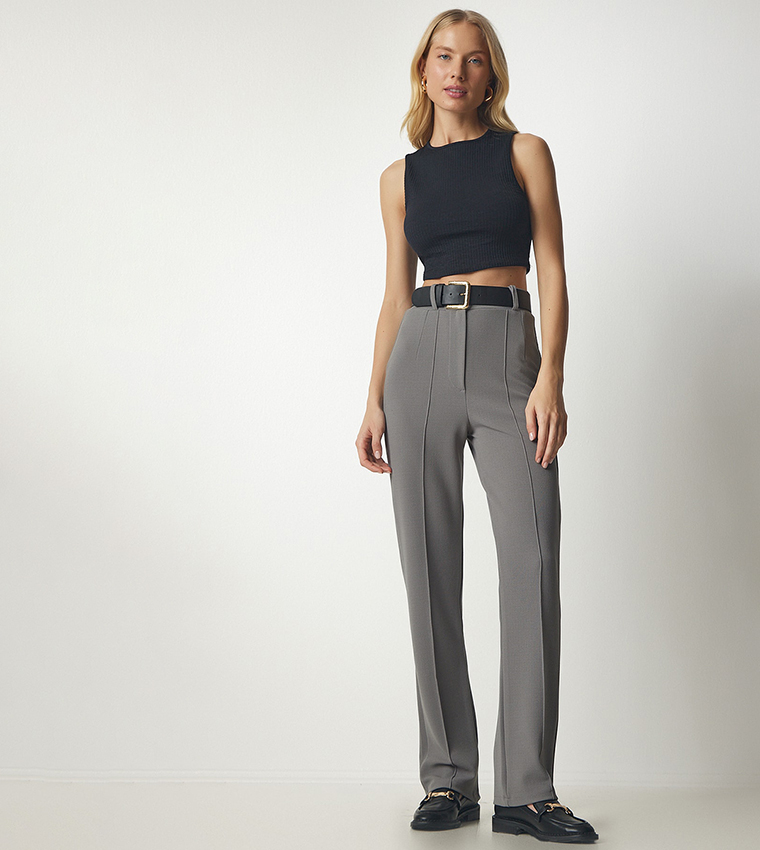 Buy Happiness İstanbul High Waist Button Closure Trousers In Grey