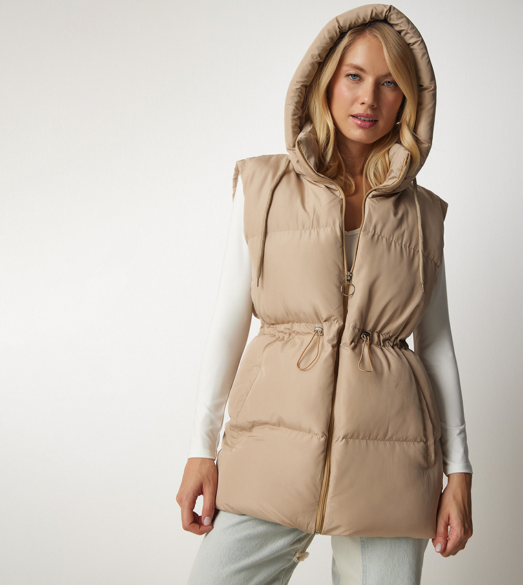 Buy Happiness İstanbul Hooded Sleeveless Longline Gilet In Beige