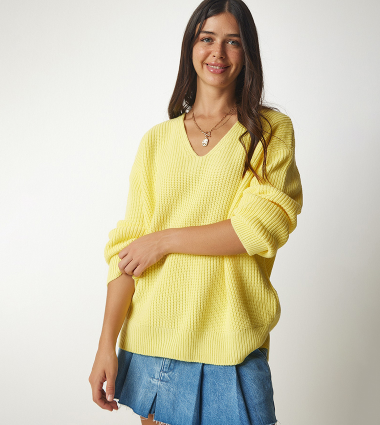 Buy Happiness İstanbul V Neck Oversized Sweater In Yellow