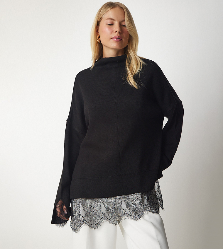 Buy Happiness stanbul Lace Detailed Mock Neck Sweater In Black