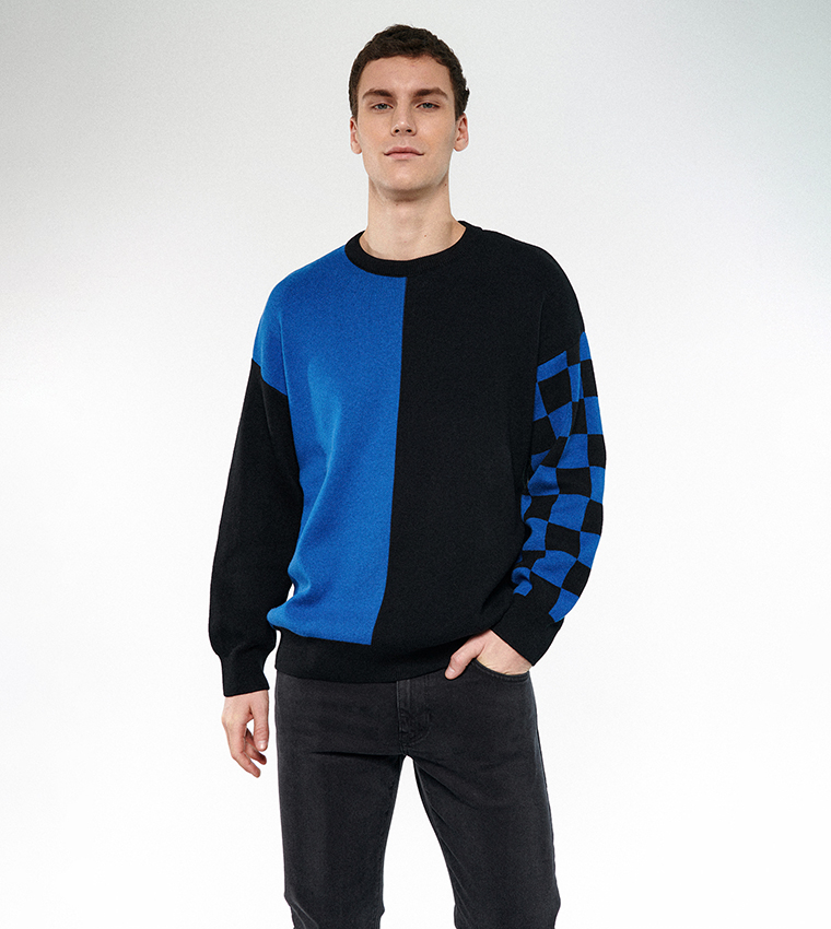 Color block crew neck sweater discount