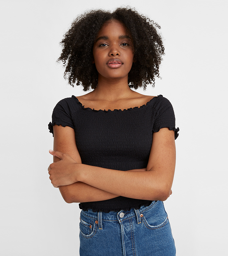 Black smocked off store the shoulder top