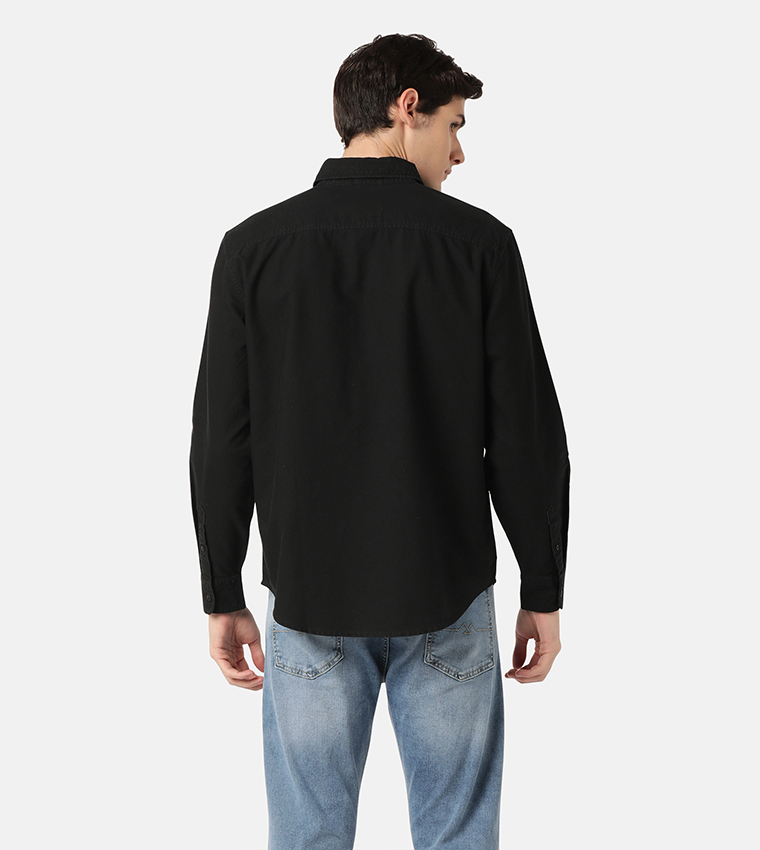 Solid Button-Down Collar Denim Shirt