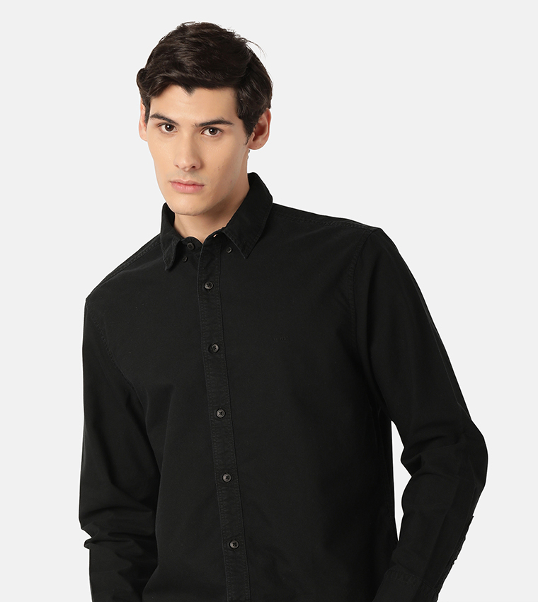 Solid Button-Down Collar Denim Shirt