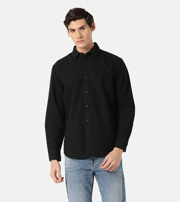 Solid Button-Down Collar Denim Shirt