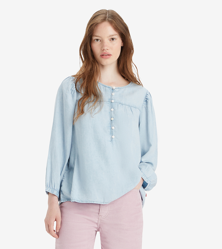HALSEY Solid 3/4 Sleeves Denim Top