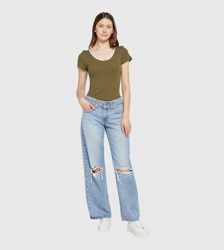 Ripped High Waist Straight Fit Jeans