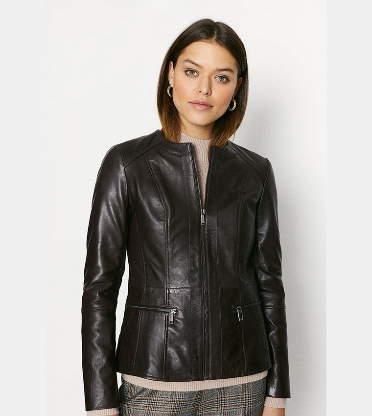 Buy Oasis Collarless Leather Biker Jacket In Red 6thStreet Qatar