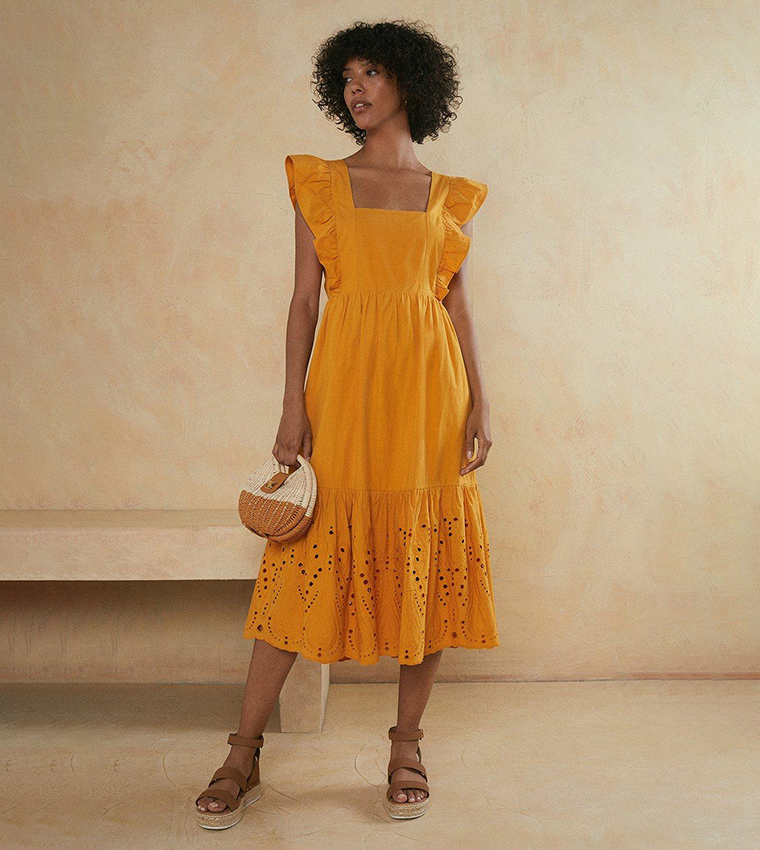 Buy Oasis Frill Smock Broderie Hem Dress In Orange 6thStreet Bahrain