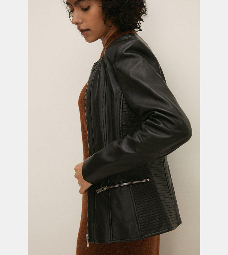 Oasis black collarless leather jacket best sale