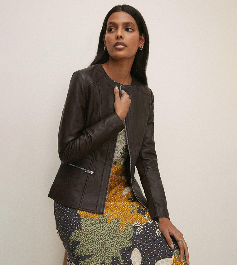 Buy Oasis Collarless Leather Jacket In Brown 6thStreet Qatar