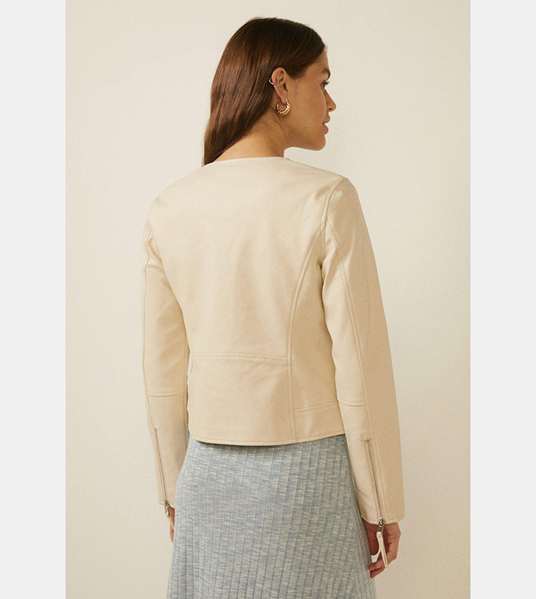 Buy Oasis Faux Leather Collarless Jacket In White 6thStreet Qatar