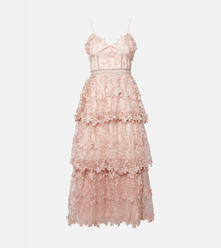 Buy Oasis Lace Tiered Strappy Midi Dress In Pink | 6thstreet Qatar