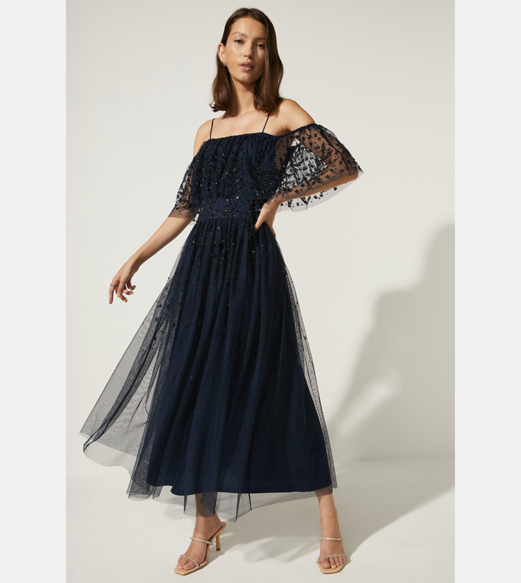 Buy Oasis Embellished Mesh Bardot Midi Dress In Navy 6thStreet Bahrain
