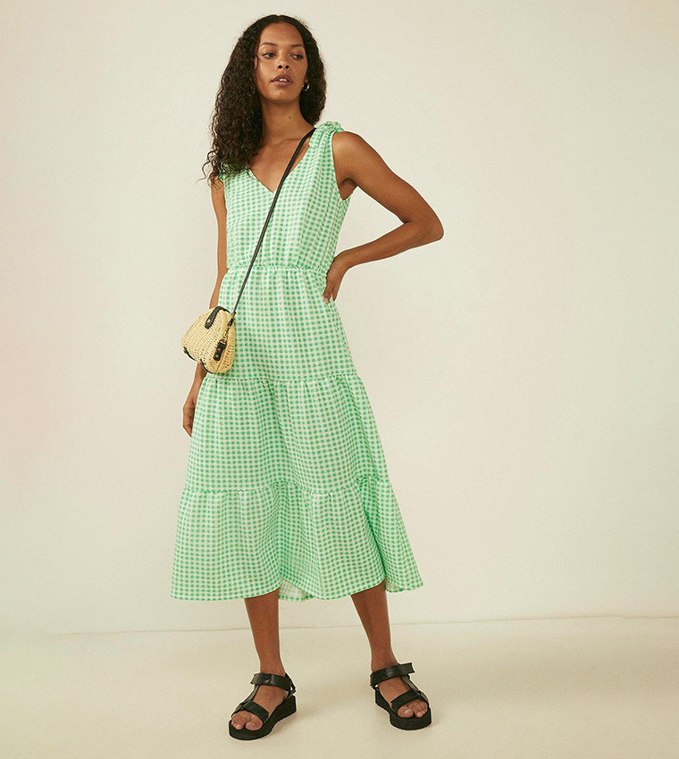 Buy Oasis Gingham Textured Tie Shoulder Midi Dress In Green 6thStreet Oman