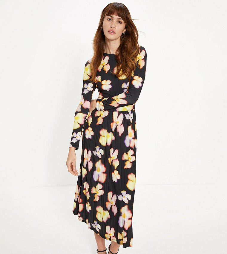 Buy Oasis Slinky Jersey Floral Pleated Midi Dress In Yellow - Main Image