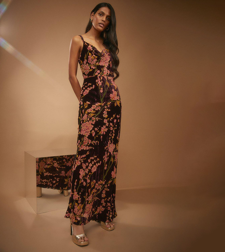 Buy Oasis Floral Print Burn Out Devore Cowl Midi Slip Dress In Berry 6thStreet Kuwait