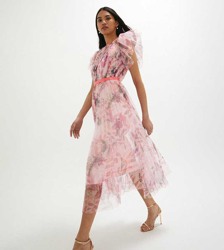 Buy Coast Mesh Printed Dress With Pleated Skirt In Blush | 6thStreet Oman