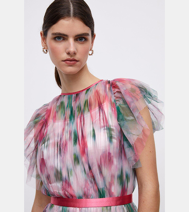 Buy Coast Mesh Printed Dress With Pleated Skirt In Pink | 6thstreet Bahrain