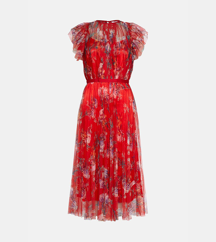 mesh printed dress with pleated skirt Pleated Mesh Floral Maxi Dress Women, Halter Neck Printed Dress, Hip Hugging Long Dress, Summer Elegant Polyester Evening Dress