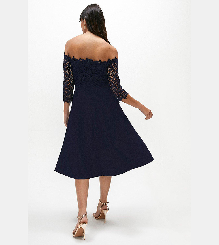 chinese dress ladies CurveWow Scuba Lace Bardot Dress Navy – Curvewow