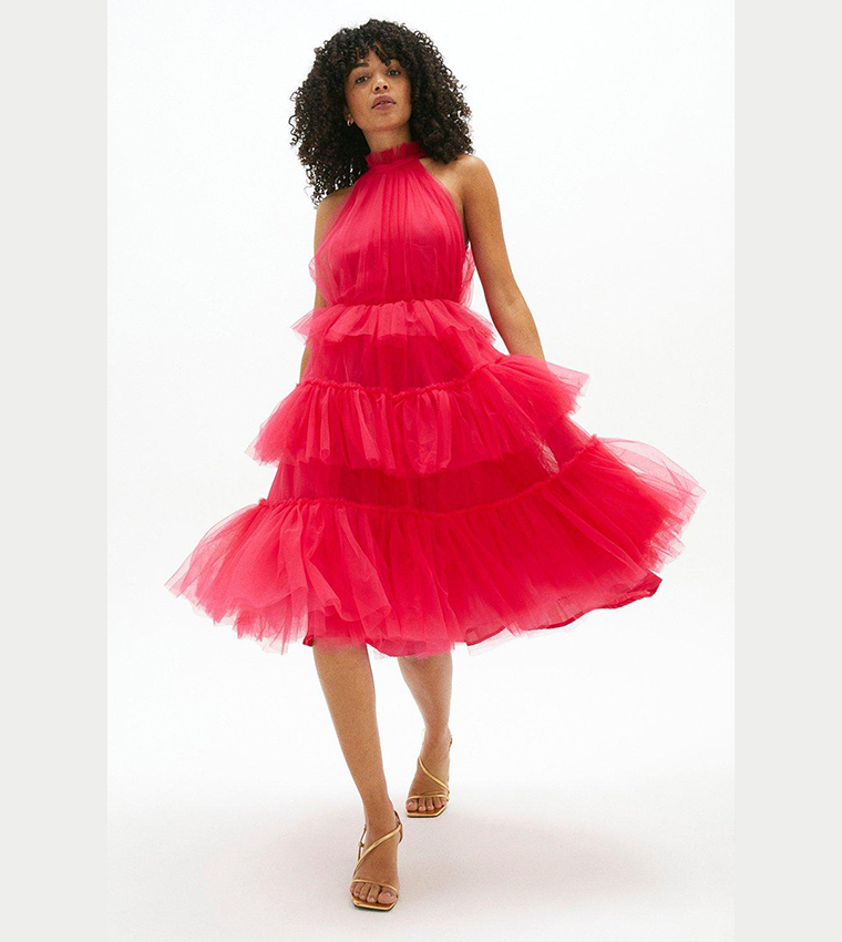 Buy Coast High Neck Tulle Tiered Midi Dress In Hot Pink 6thStreet Bahrain