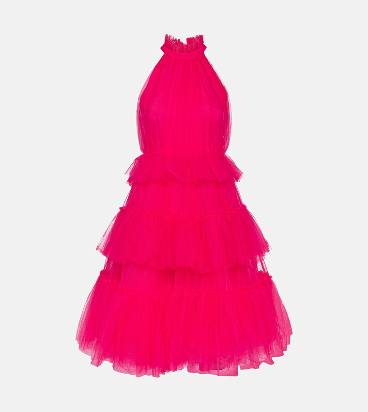 Coast High Neck Tulle Tiered Midi Dress, Hot Pink