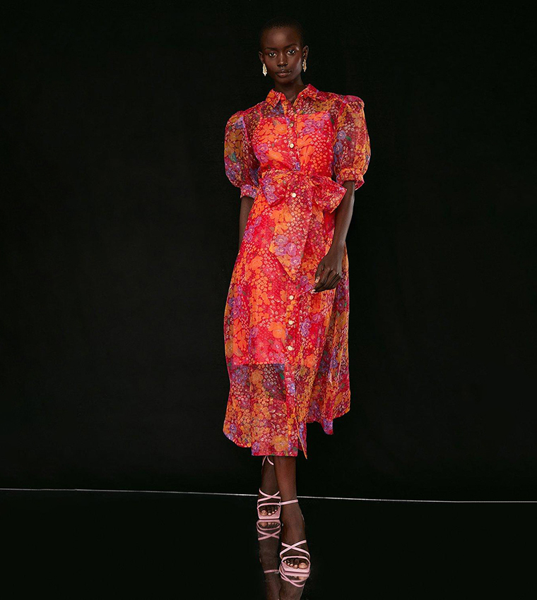 open lace back dress Short Sleeve Floral Organza Shirt Dress  New York & Company