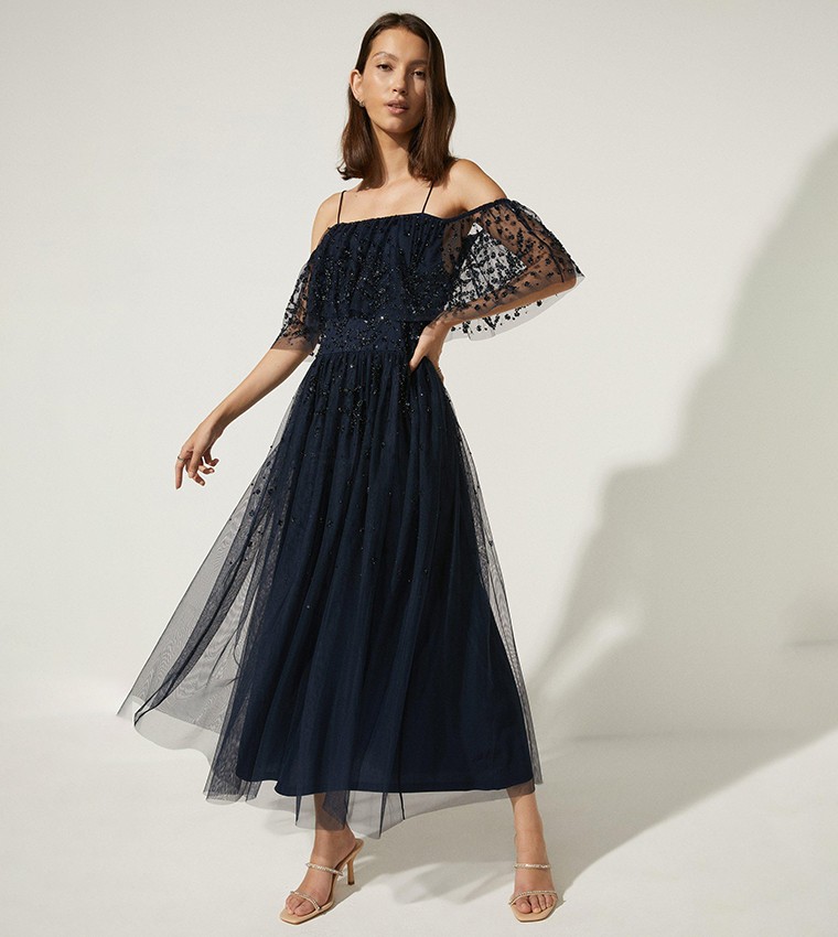 Buy Coast Oasis Embellished Mesh Bardot Midi Dress In Navy 6thStreet Qatar