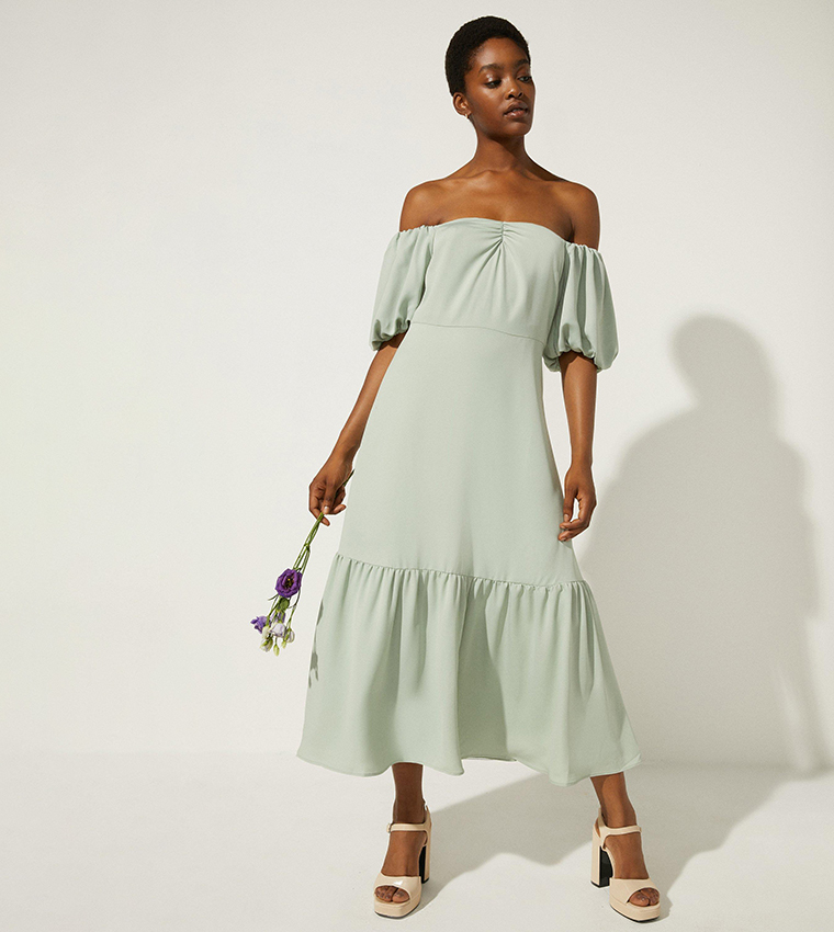 Buy Coast Oasis Bardot Ruched Front Midi Dress In Green
