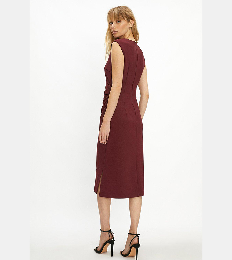 Buy Coast Premium Stretch Crepe V Neck Ruched Detail Midi Dress In Burgundy  | 6thstreet Oman