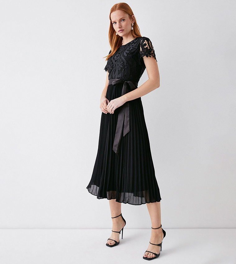 Buy Coast Belted Lace Bodice Pleat Skirt Midi Dress In Black