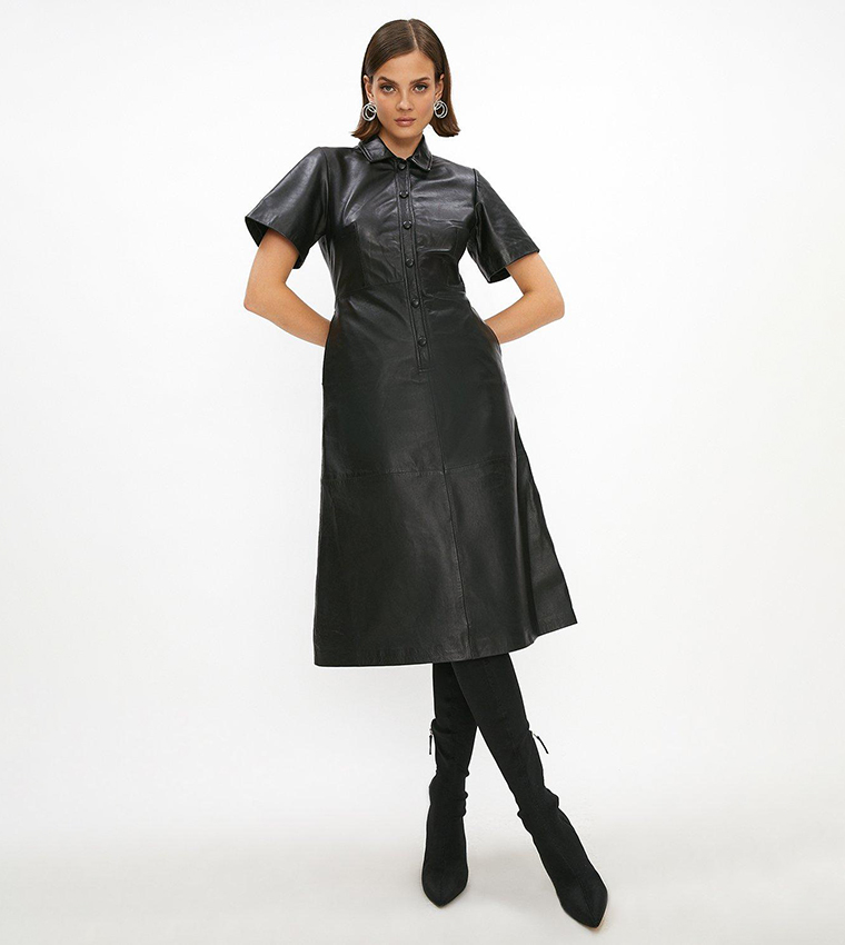 Buy Coast Real Leather A Line Midi Shirt Dress In Black 6thStreet Oman